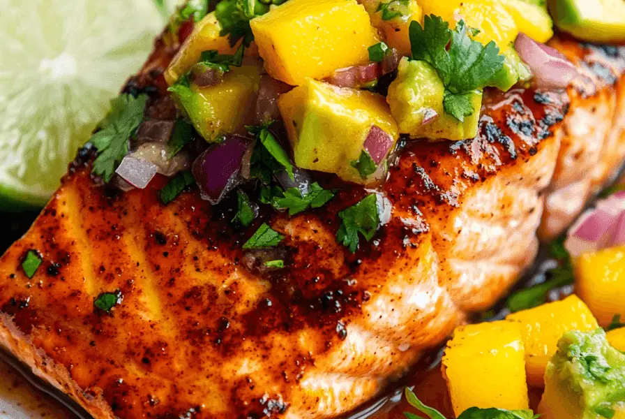 Honey-Chipotle Glazed Salmon with Avocado Mango Salsa 1 a plated honey-chipotle glazed salmon fillet topped with vibrant avocado mango salsa. The dish is garnished with fresh cilantro and lime wedges, served on a white plate.