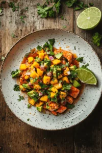 a plated honey-chipotle glazed salmon fillet topped with vibrant avocado mango salsa. The dish is garnished with fresh cilantro and lime wedges, served on a white plate.