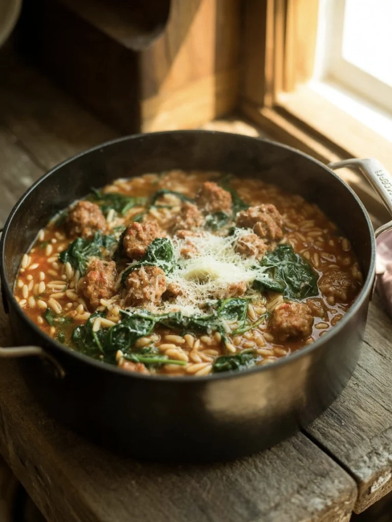 A delicious dish of sausage and spinach orzo cooked in one pot.