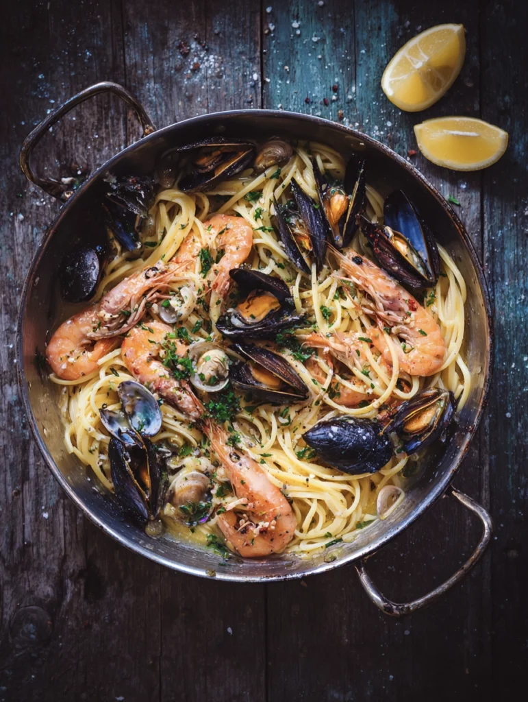 A plate of seafood linguine with shrimp and mussels garnished with herbs.