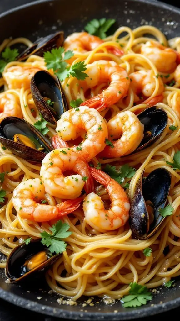 12 Easy One-Pot Pasta Dinner Recipes You’ll Love 5 A plate of seafood linguine with shrimp and mussels garnished with herbs.