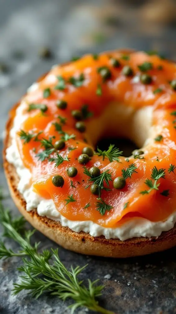 12 Quick and Tasty Breakfast Ideas for Busy Mornings 12 A bagel topped with cream cheese, smoked salmon, capers, and dill.