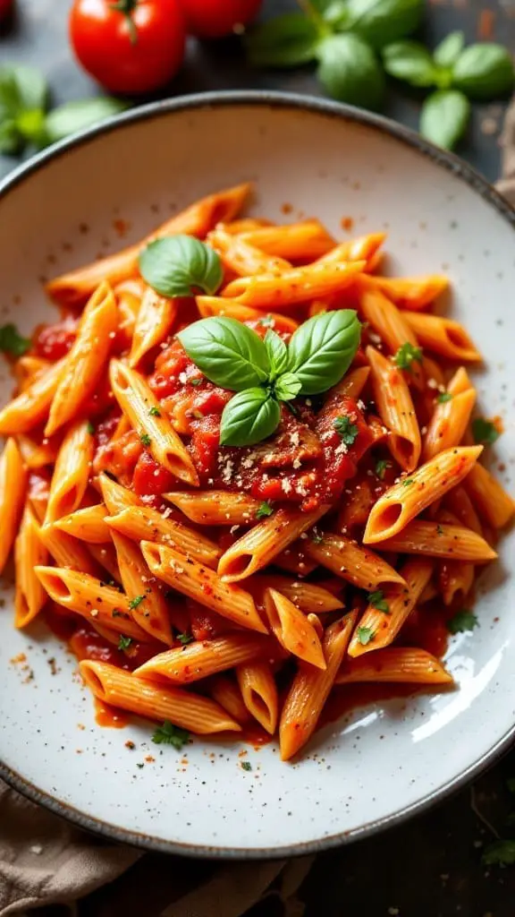 12 Easy One-Pot Pasta Dinner Recipes You’ll Love 10 A bowl of spicy Arrabbiata penne pasta garnished with fresh basil.