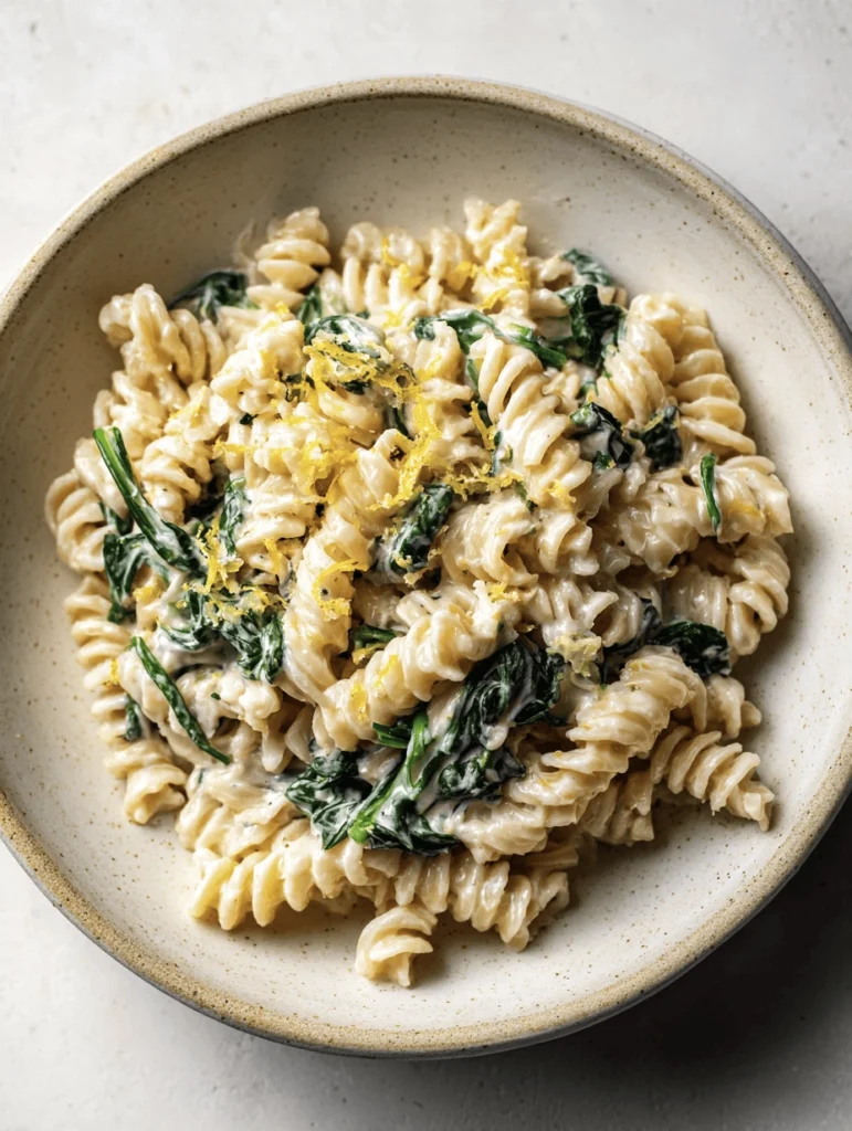 A creamy rotini pasta dish with spinach and ricotta,