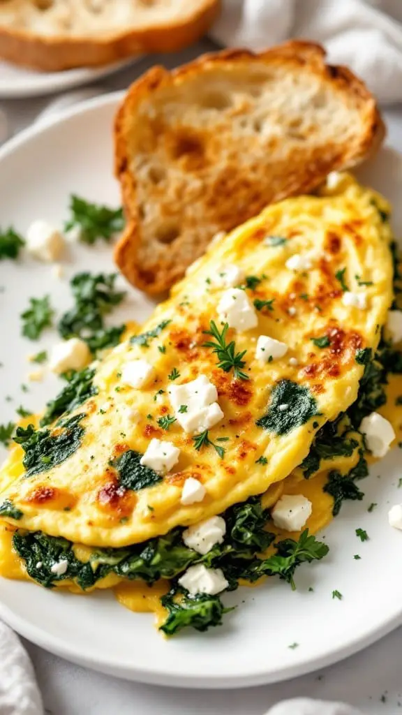 12 Quick and Tasty Breakfast Ideas for Busy Mornings 2 A delicious spinach and feta omelette served with toasted bread.