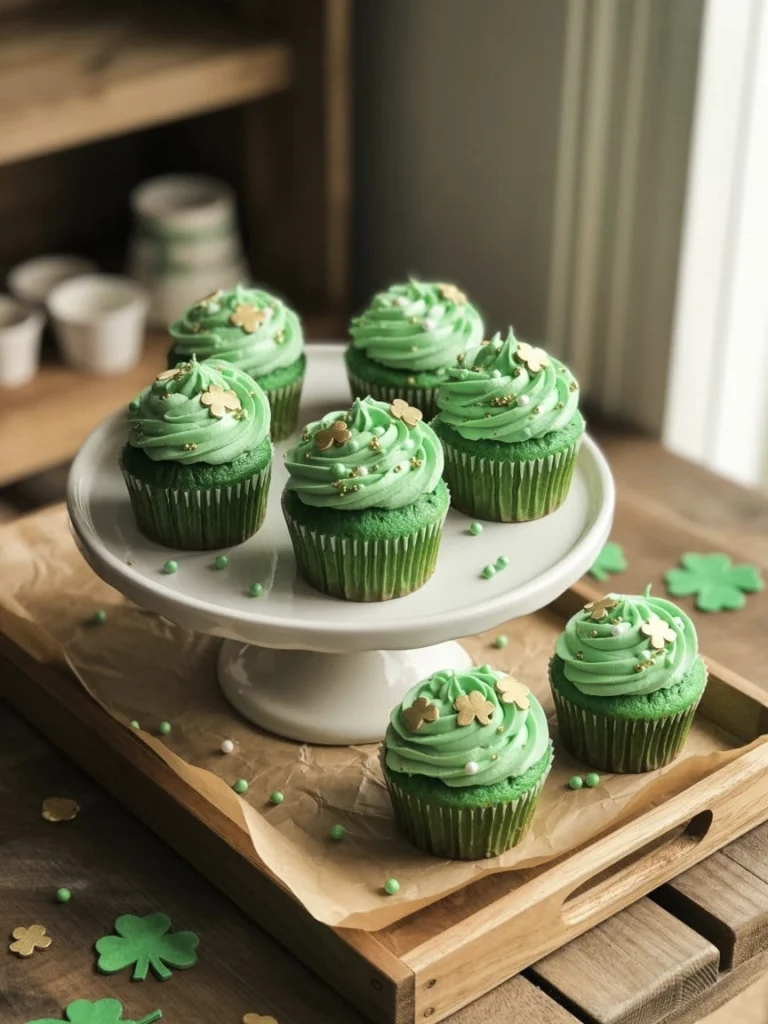 Festive green cupcakes topped with frosting and sprinkles for St. Patricks Day