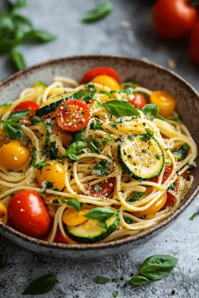 12 Easy One-Pot Pasta Dinner Recipes You’ll Love 7 Bowl of Tomato and Zucchini Pasta garnished with fresh herbs.