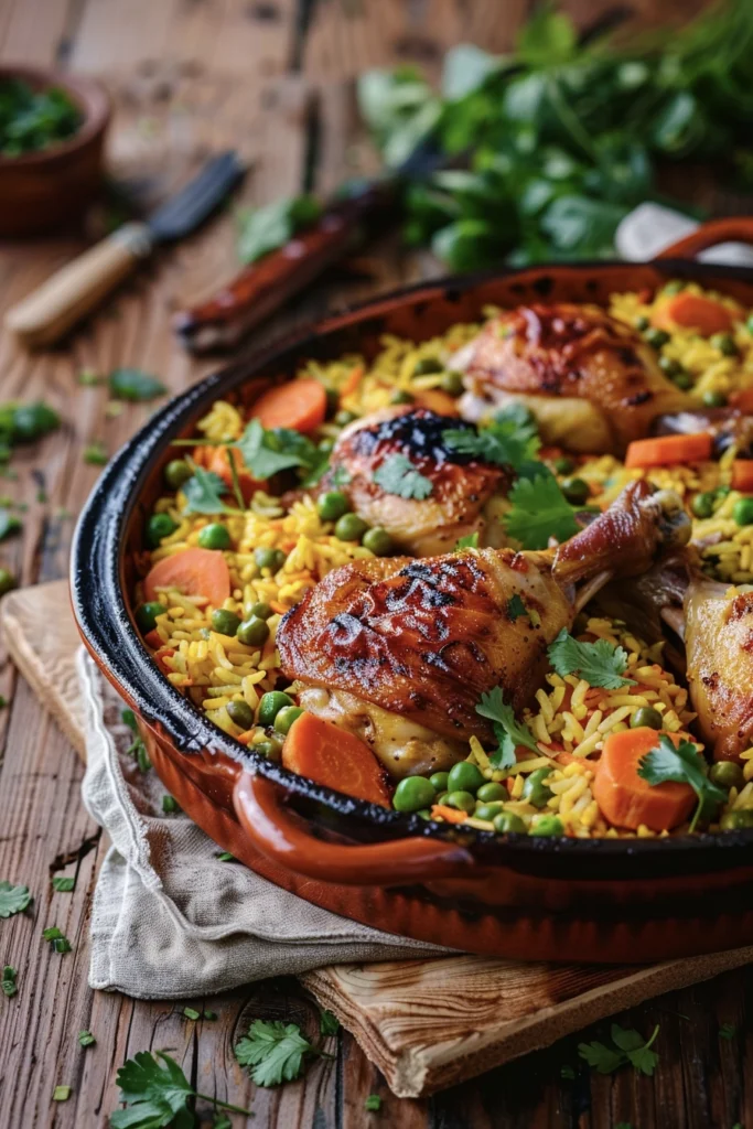 A bowl of colorful Arroz con Pollo with peas and carrots