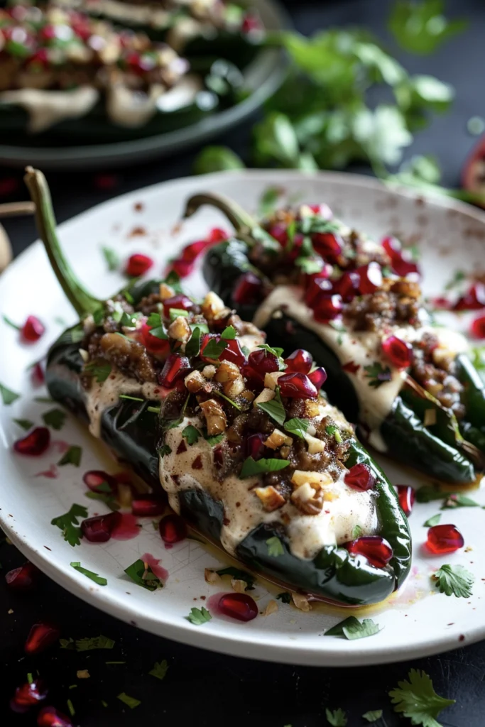 Chiles en Nogada with Ground Meat, topped with pomegranate seeds on a white plate