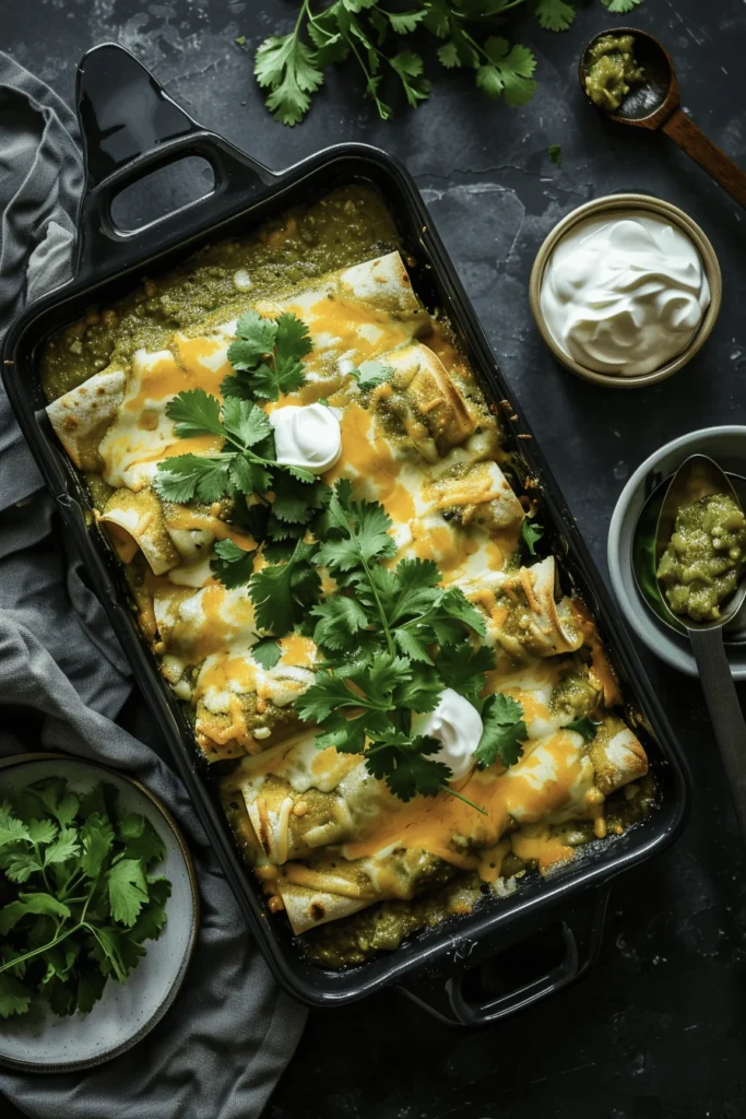 Delicious Enchiladas Verdes with Chicken garnished with cilantro