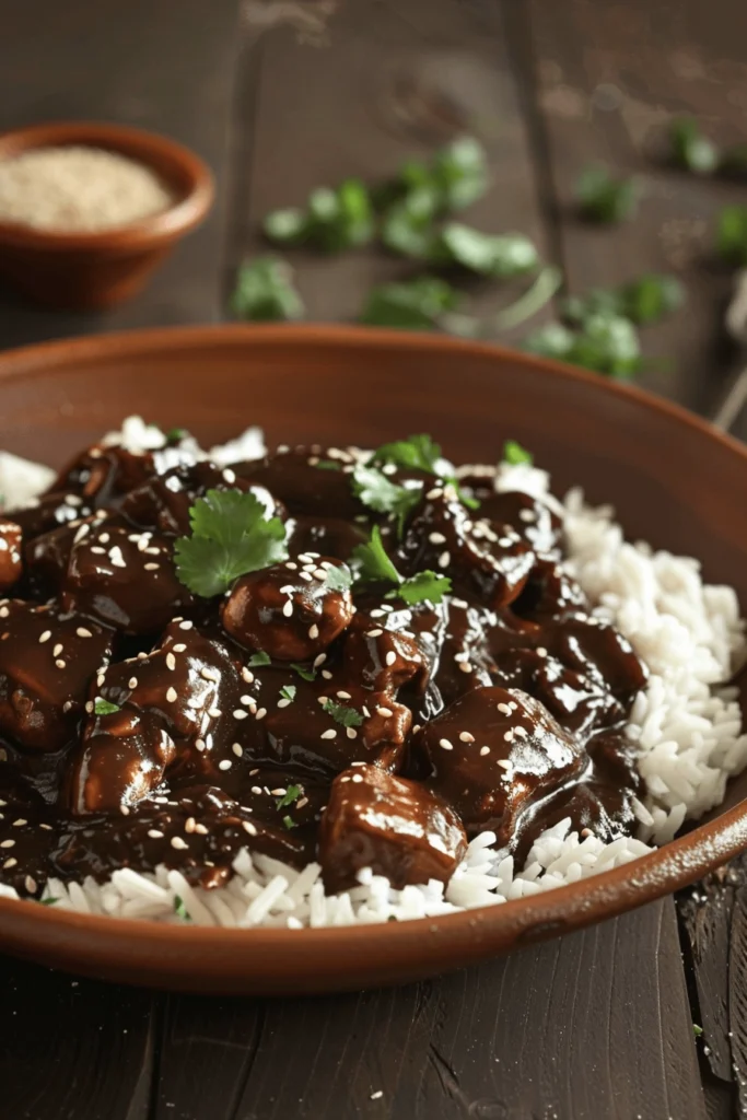 Mole Poblano Sauce over Chicken served with rice.