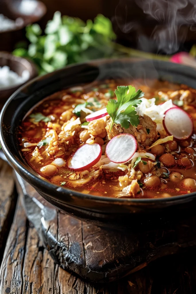 A bowl of Pozole Rojo garnished with radishes and lime