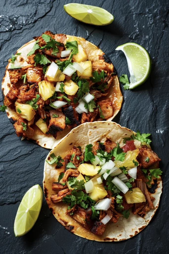 Delicious Tacos al Pastor with pineapple, served with lime and fresh toppings.