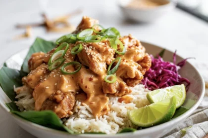 Air Fryer Bang Bang Chicken 1 a dish of bang bang chicken with sauce and rice
