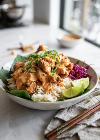 a dish of bang bang chicken with sauce and rice