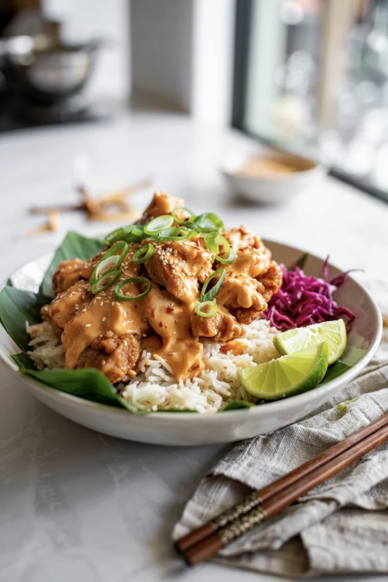 a dish of bang bang chicken with sauce and rice