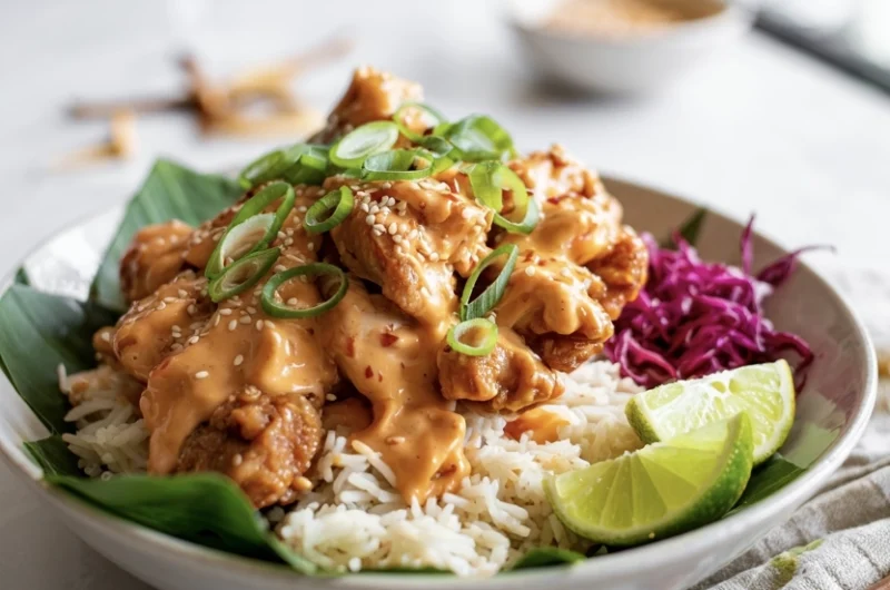 a dish of bang bang chicken with sauce and rice