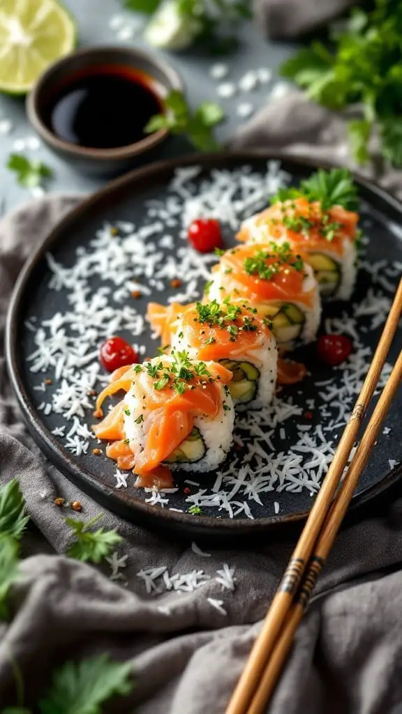 10 Easy Japanese Recipes You Can Make at Home 9 Classic sushi rolls with fresh fish and vegetables served on a black plate
