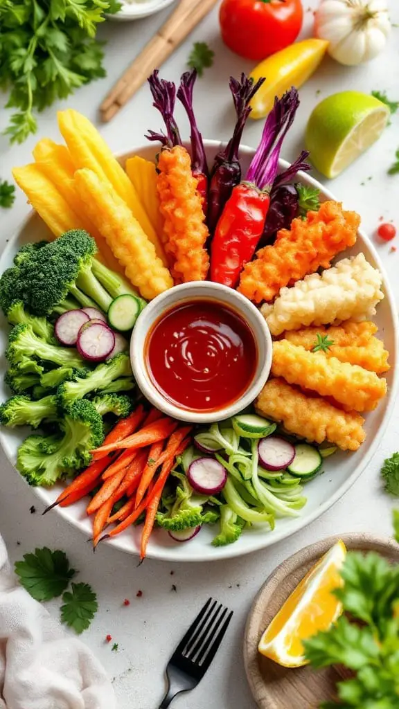 10 Easy Japanese Recipes You Can Make at Home 8 A plate of crispy vegetable tempura arranged beautifully with various vegetables and a dipping sauce.