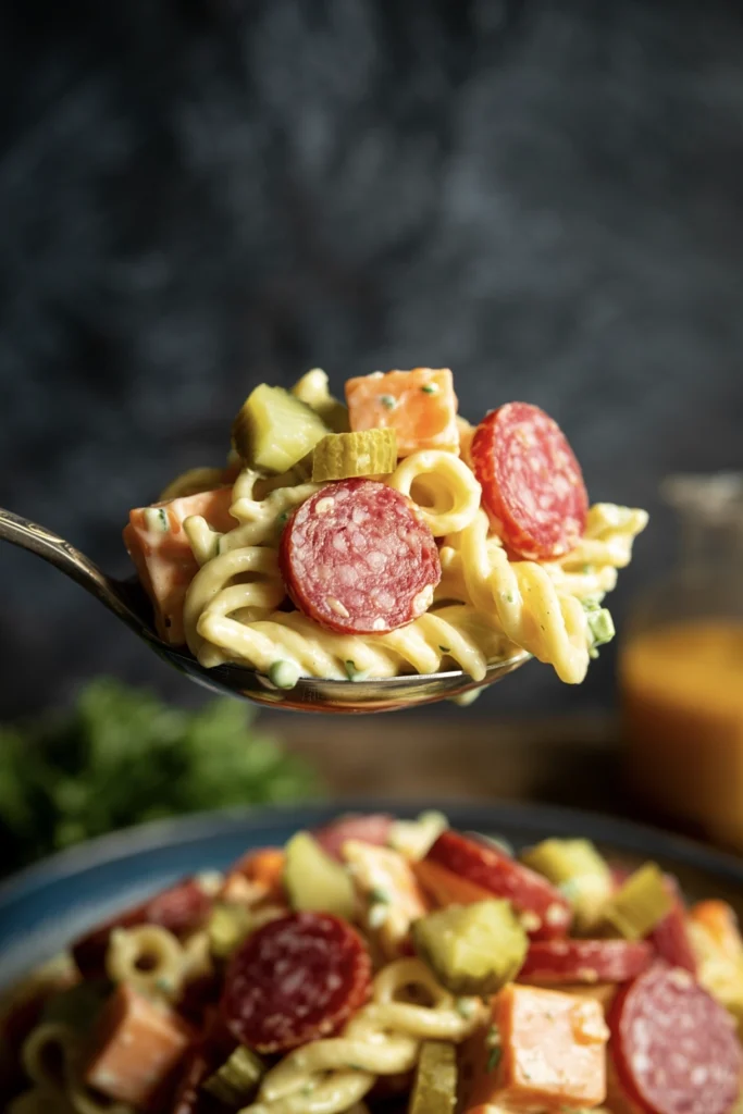 Dill Pickle Pasta Salad with Crispy Salami & Cheddar 4 a bowl of dill pickle salami and cheese pasta salad