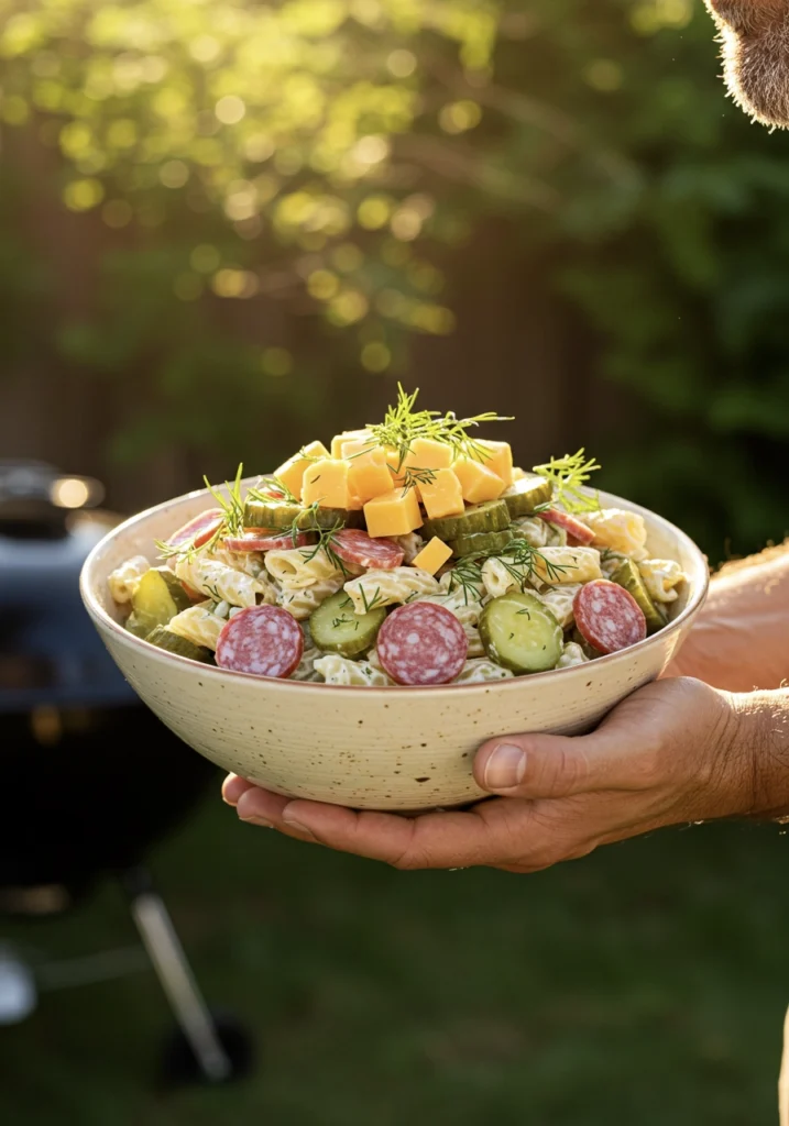 Dill Pickle Pasta Salad with Crispy Salami & Cheddar 2 a bowl of dill pickle salami and cheese pasta salad
