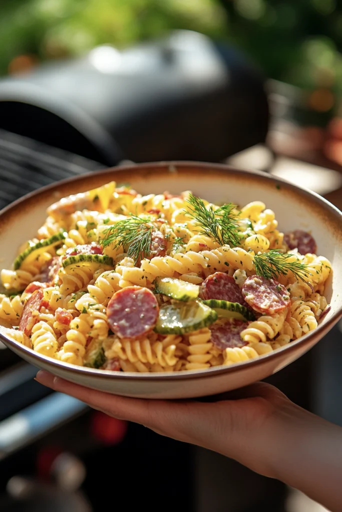 Dill Pickle Pasta Salad with Crispy Salami & Cheddar 3 a bowl of dill pickle salami and cheese pasta salad