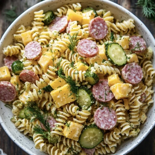 Dill Pickle Pasta Salad with Crispy Salami & Cheddar 5 a bowl of dill pickle salami and cheese pasta salad