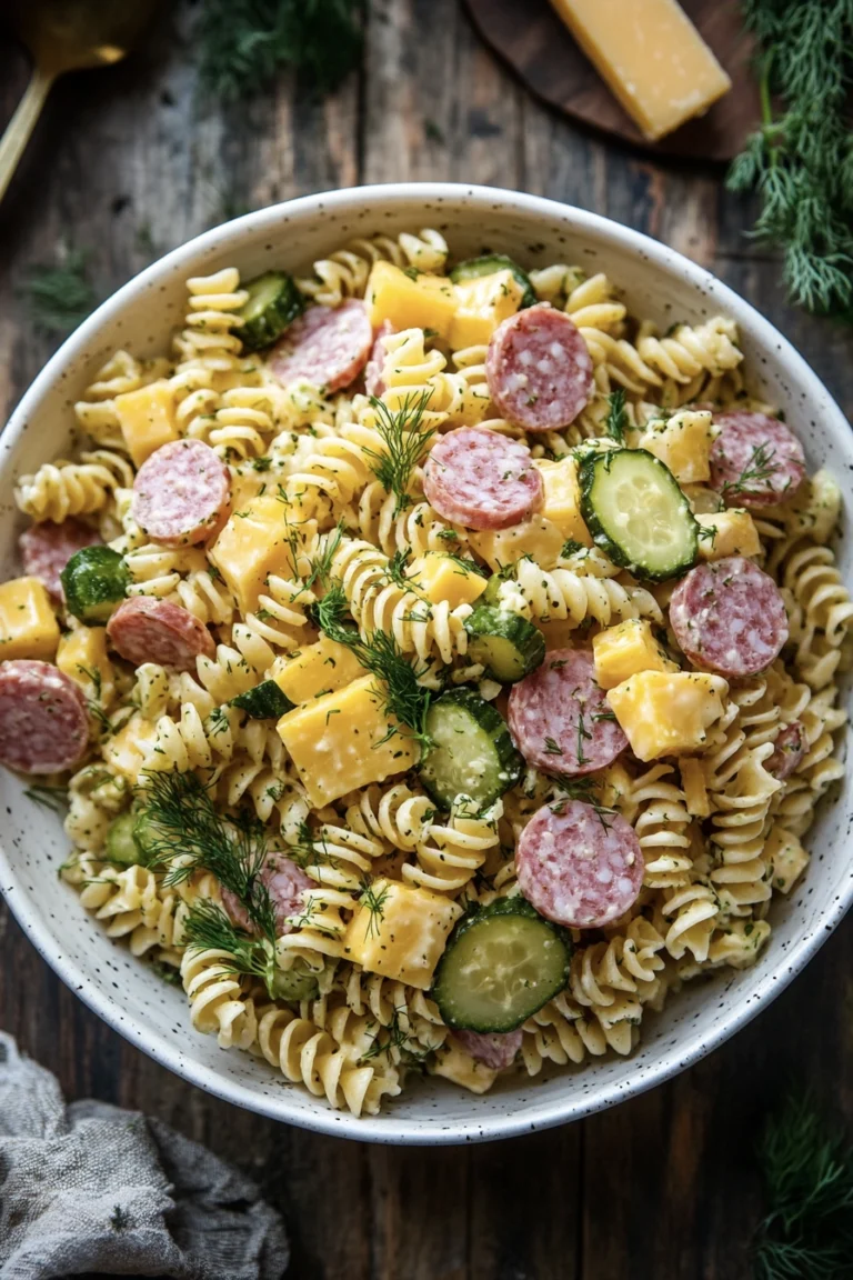 a bowl of dill pickle salami and cheese pasta salad