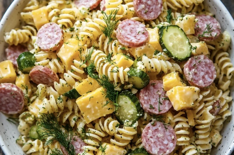 a bowl of dill pickle salami and cheese pasta salad