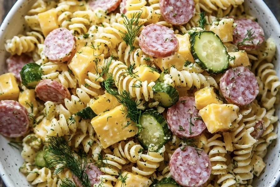 Dill Pickle Pasta Salad with Crispy Salami & Cheddar 1 a bowl of dill pickle salami and cheese pasta salad