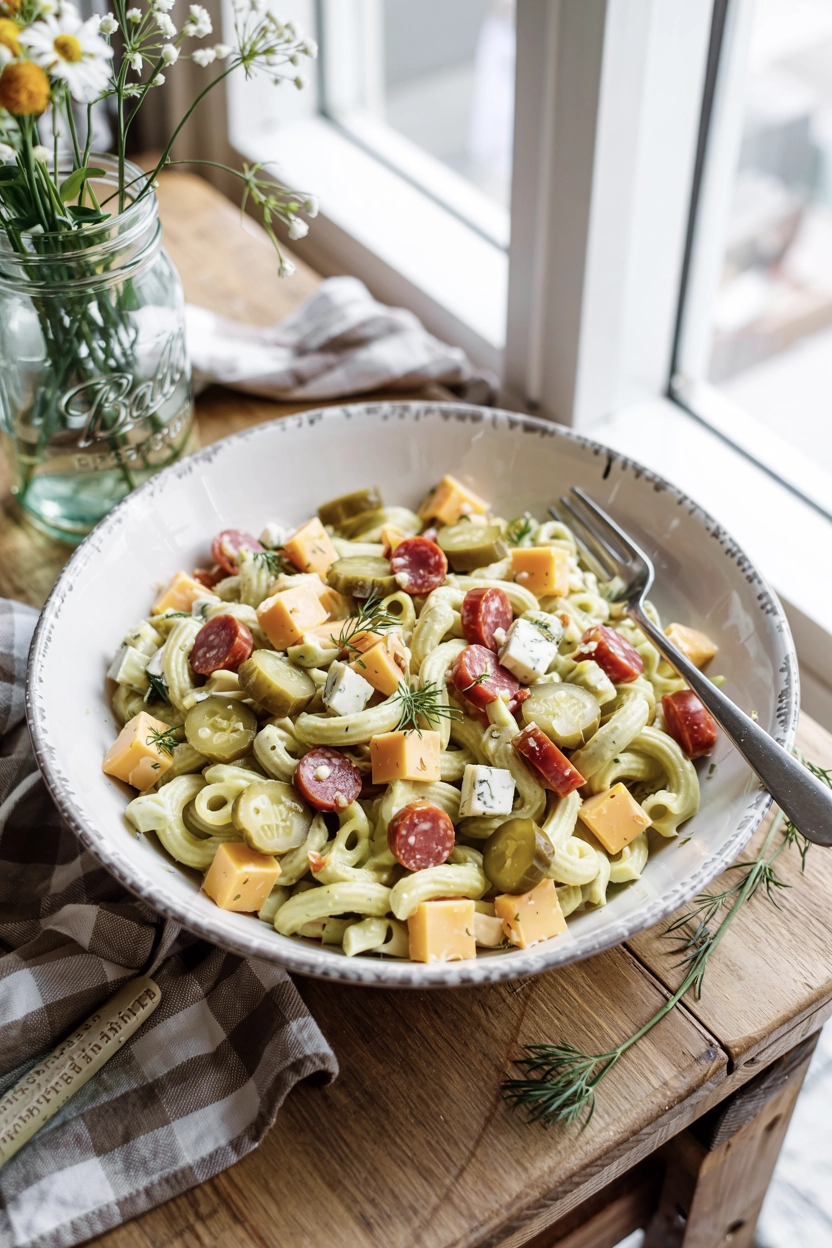 Dill Pickle Pasta Salad with Crispy Salami and Cheddar