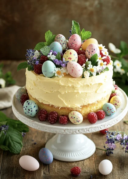Easter lemon cake decorated with fresh raspberries, blueberries, pastel Mini Eggs and edible flowers on a marble surface