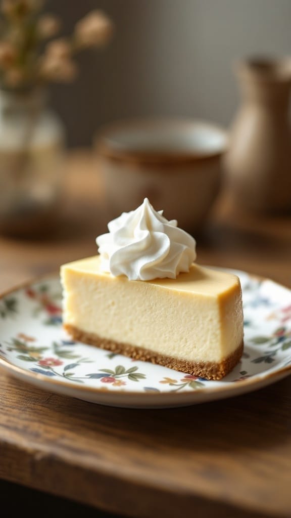 10 Easy Japanese Recipes You Can Make at Home 5 Slice of fluffy Japanese cheesecake topped with whipped cream on a floral plate.