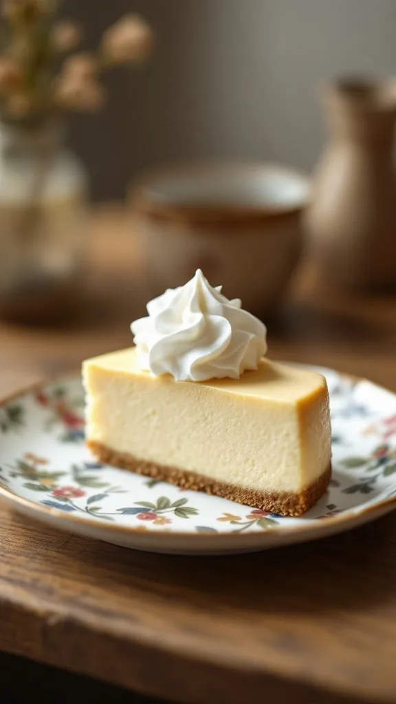 10 Easy Japanese Recipes You Can Make at Home 5 Slice of fluffy Japanese cheesecake topped with whipped cream on a floral plate.