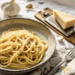 a white bowl of simple garlic butter spaghetti with parmesan