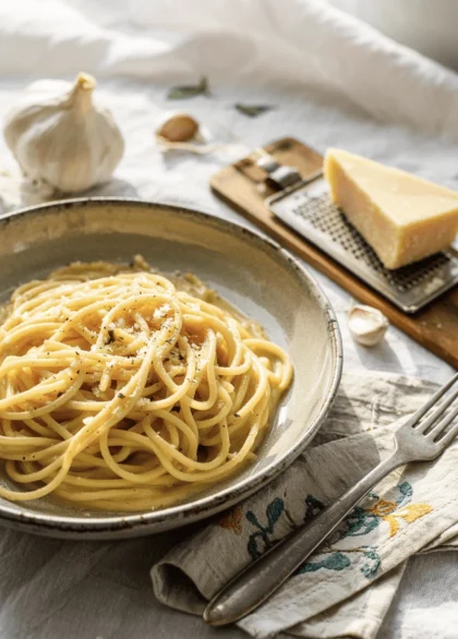 a white bowl of simple garlic butter spaghetti with parmesan