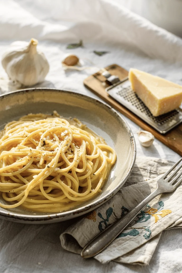 a white bowl of simple garlic butter spaghetti with parmesan