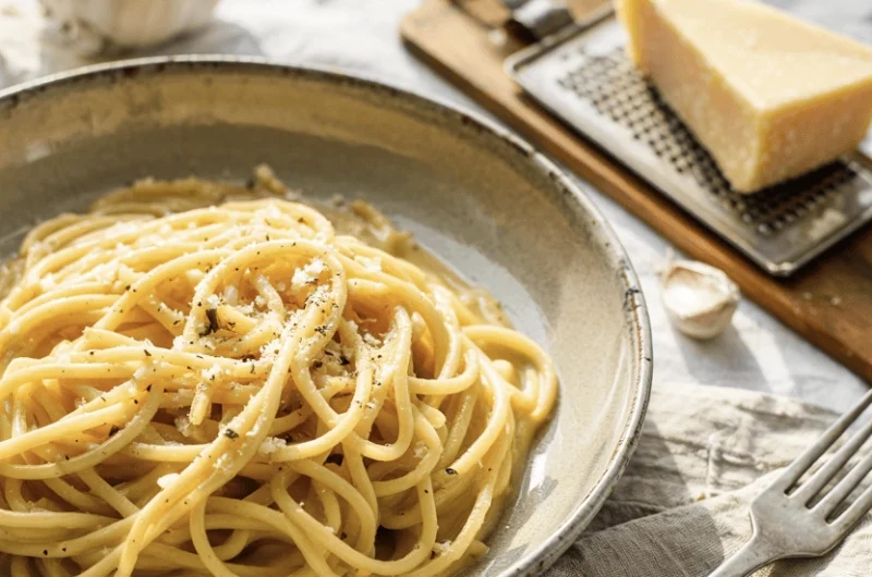 a white bowl of simple garlic butter spaghetti with parmesan