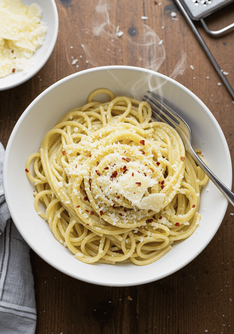 5-Ingredient Lazy Girl’s Garlic Butter Pasta 3 a white bowl of simple garlic butter spaghetti with parmesan