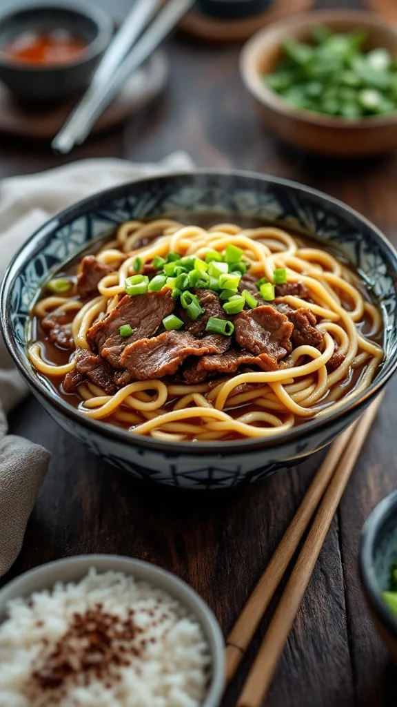 10 Easy Japanese Recipes You Can Make at Home 3 A bowl of hearty beef udon noodle soup topped with green onions.