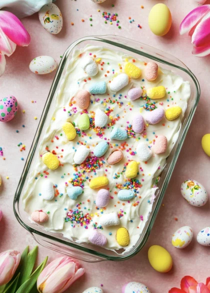 an easter poke cake in the tray decorated with pastel eggs