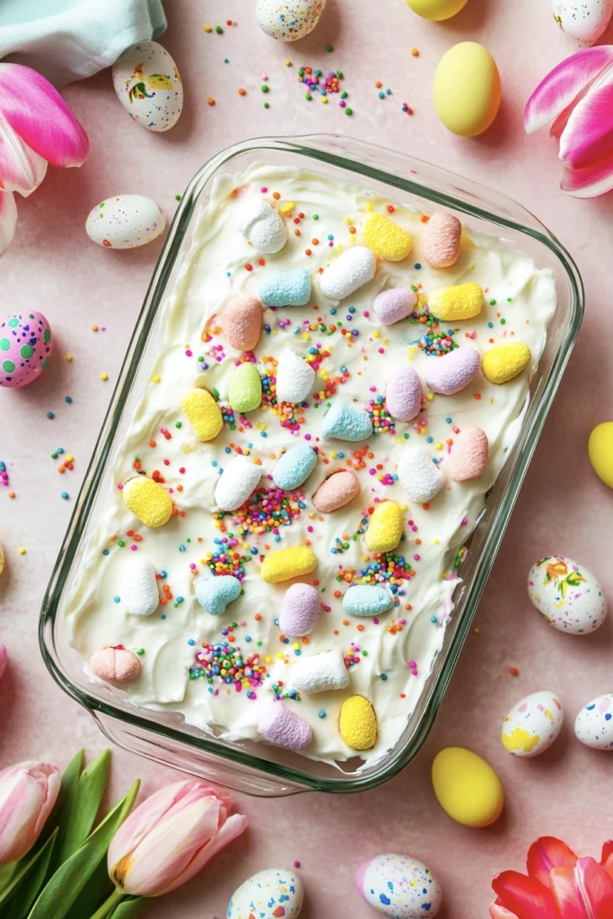 an easter poke cake in the tray decorated with pastel eggs