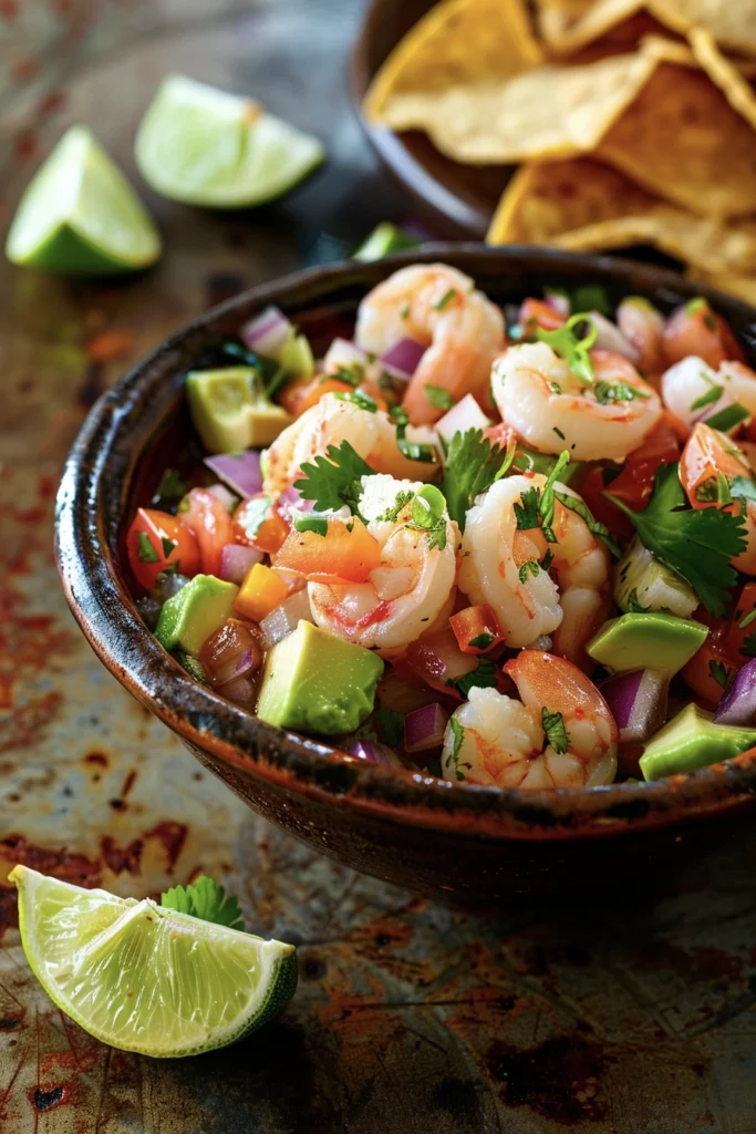 A bowl of ceviche de camarón with diced avocado and cilantro