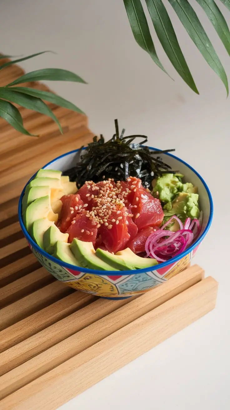 10 Easy Japanese Recipes You Can Make at Home 7 A colorful bowl of spicy tuna poke with avocado and seaweed on a bed of rice.