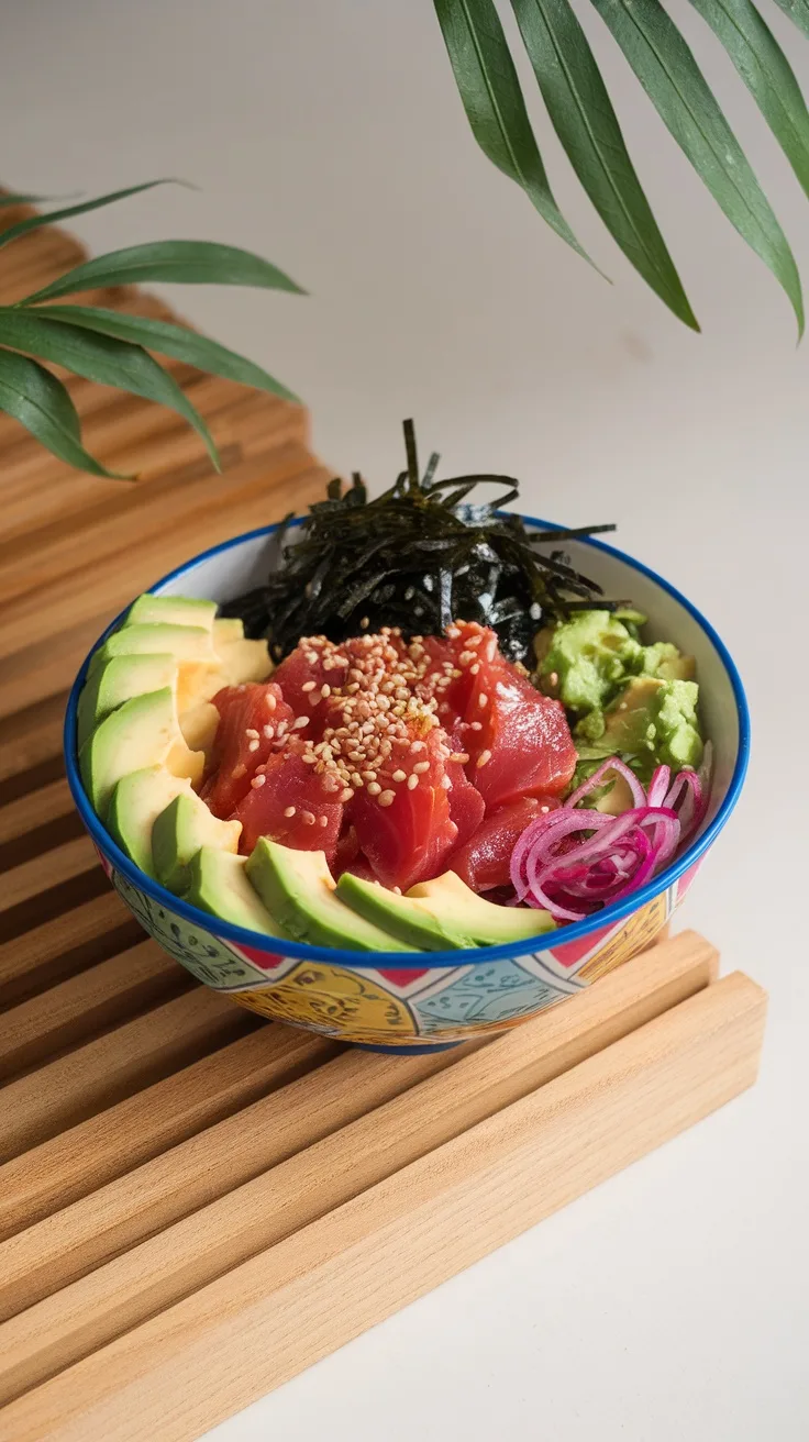 10 Easy Japanese Recipes You Can Make at Home 7 A colorful bowl of spicy tuna poke with avocado and seaweed on a bed of rice.
