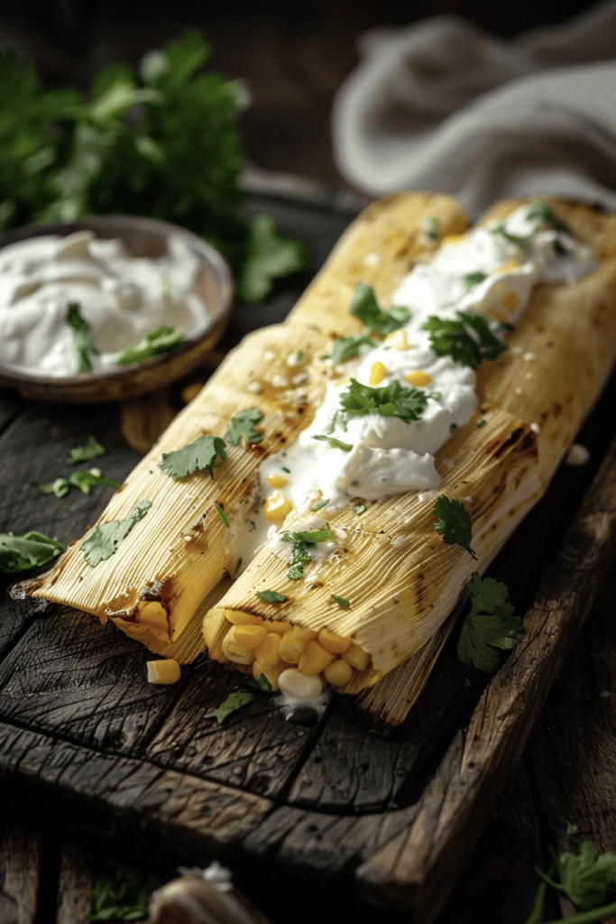 Tamales de Elote served with cream and garnished with cilantro.