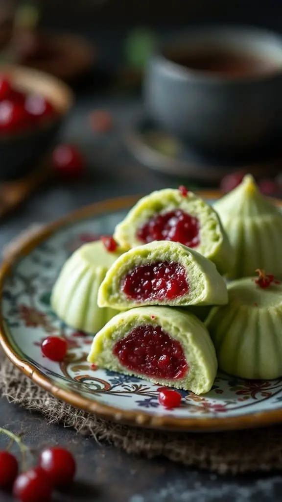 10 Easy Japanese Recipes You Can Make at Home 10 Sweet matcha mochi filled with red bean paste on a decorative plate.