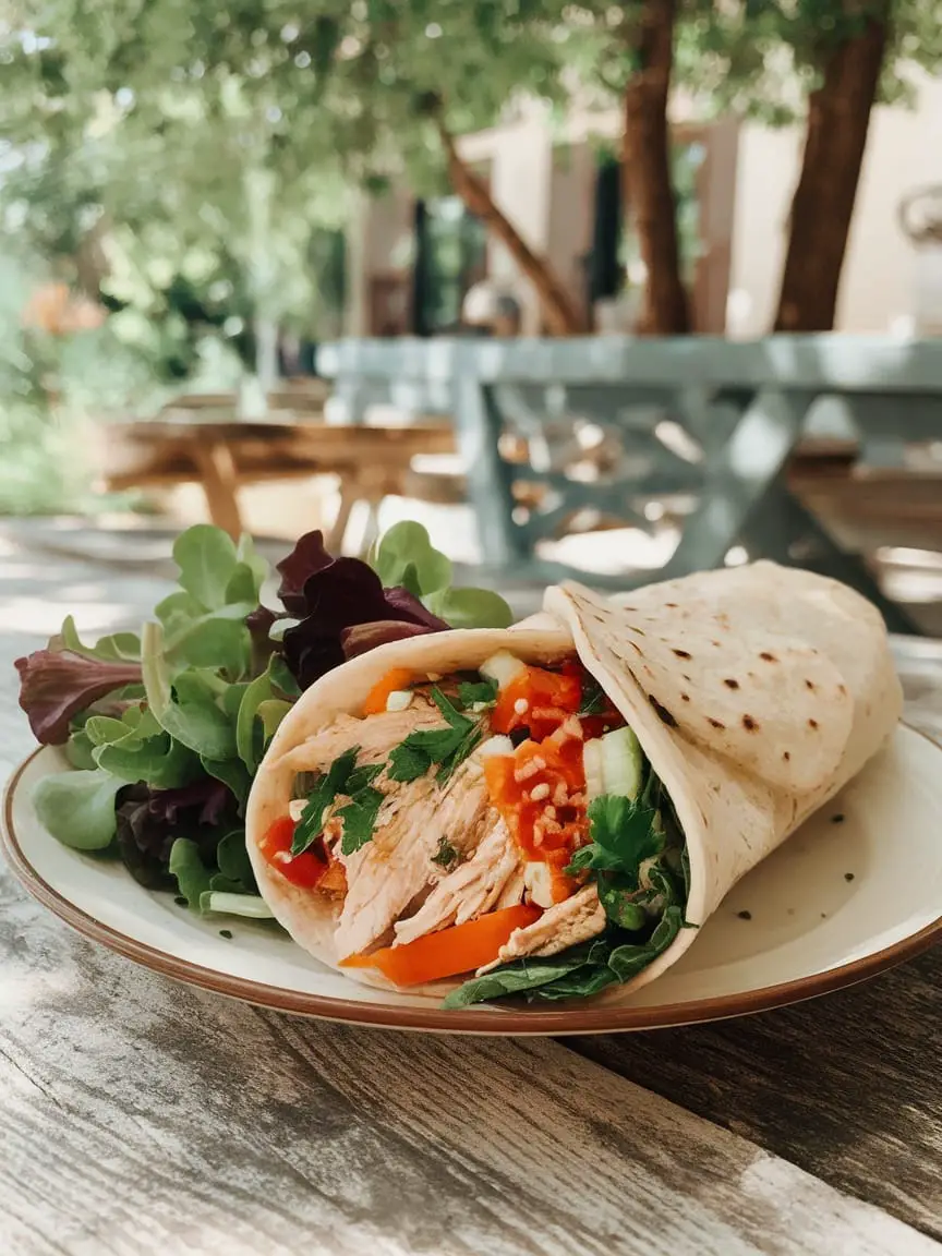A delicious chicken wrap with fresh vegetables and Greek yogurt.