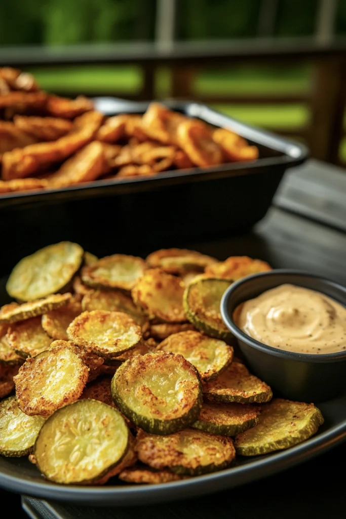 15 Ridiculously Tasty BBQ Sides That Steal the Show 8 a platter of crispy fried tangy pickle chips served with a dipping sauce, positioned next to a BBQ spread