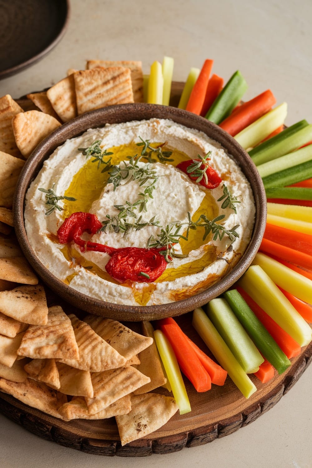 Baked Feta and Roasted Red Pepper Dip with pita chips and fresh vegetables